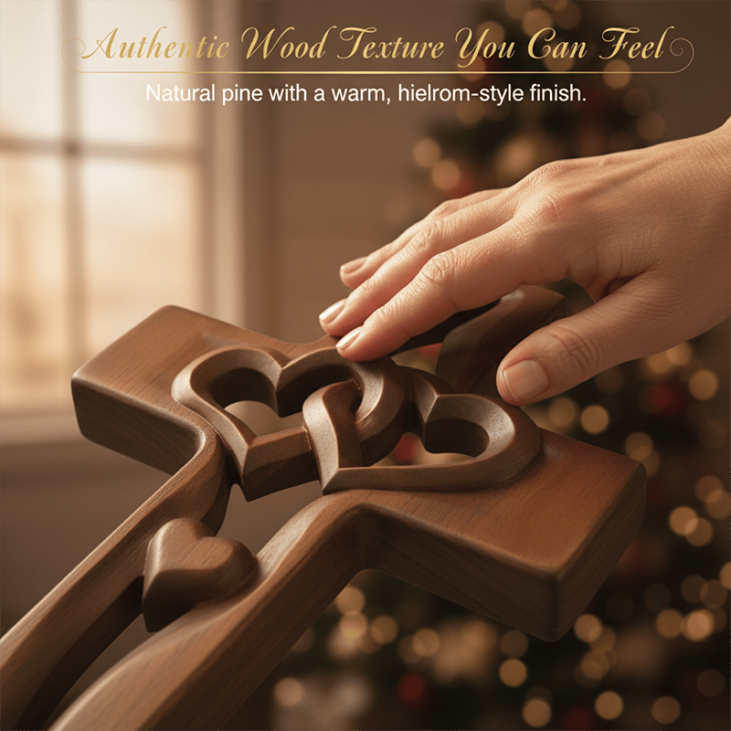 Ръчно издълбан дървен кръст с преплетени сърца