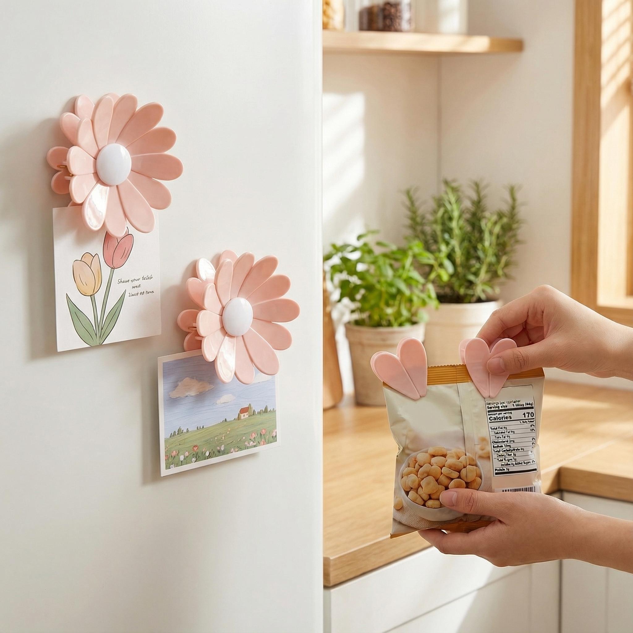 Fridge Magnetic chip clips （6 Bag Clips+1 Magnetic Base）Cute Food Sealing Clips - Cherry Blossom Bag Clips for Snack, Bread & Pet Food Storage, Fridge Organizer & Kitchen Decor Gift