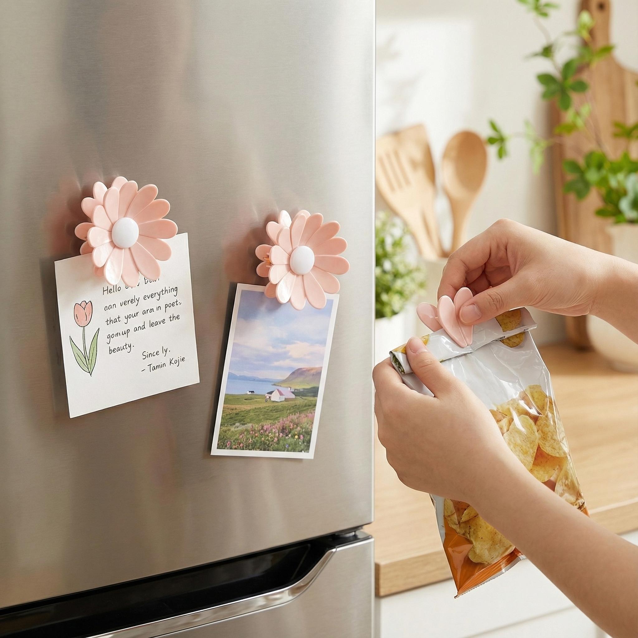 Fridge Magnetic chip clips （6 Bag Clips+1 Magnetic Base）Cute Food Sealing Clips - Cherry Blossom Bag Clips for Snack, Bread & Pet Food Storage, Fridge Organizer & Kitchen Decor Gift