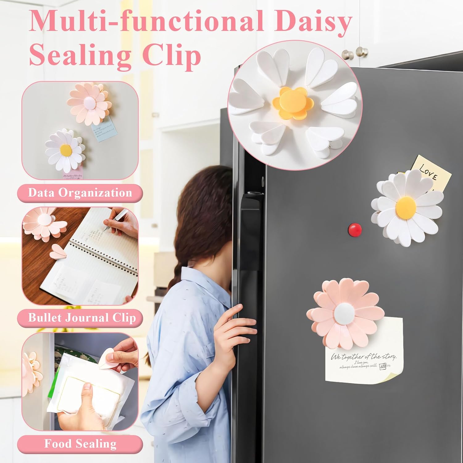 Fridge Magnetic chip clips （6 Bag Clips+1 Magnetic Base）Cute Food Sealing Clips - Cherry Blossom Bag Clips for Snack, Bread & Pet Food Storage, Fridge Organizer & Kitchen Decor Gift