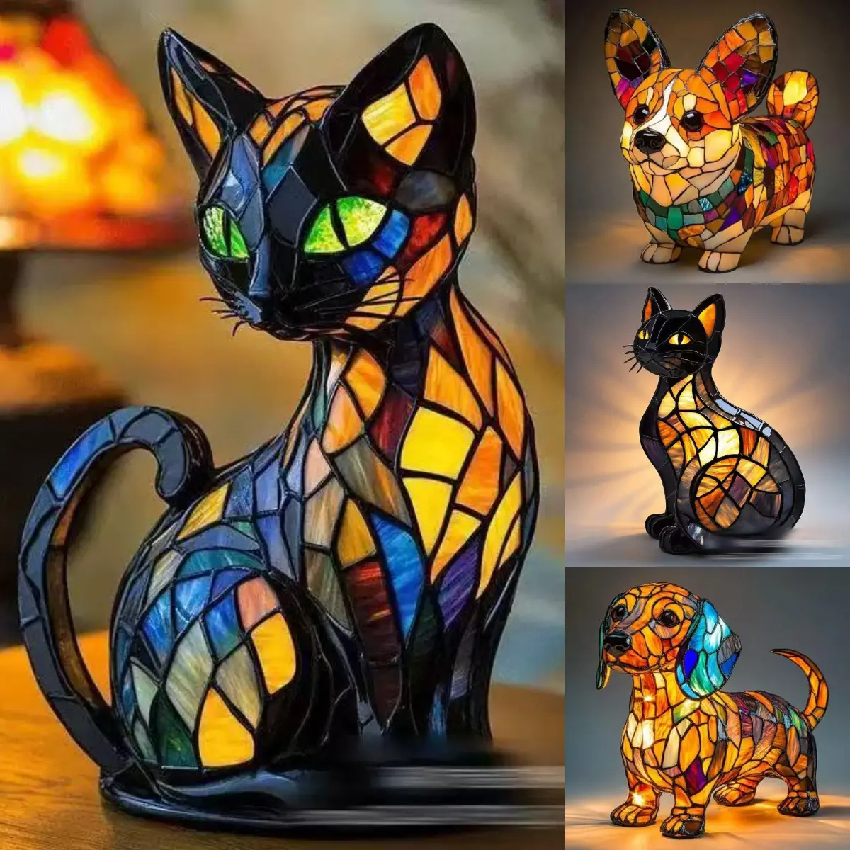 🐱🐶Орнаменти от смола, LED нощна лампа, изкуство, статуетка на животно, креативна декорация за офис, дом, превключвател с USB порт