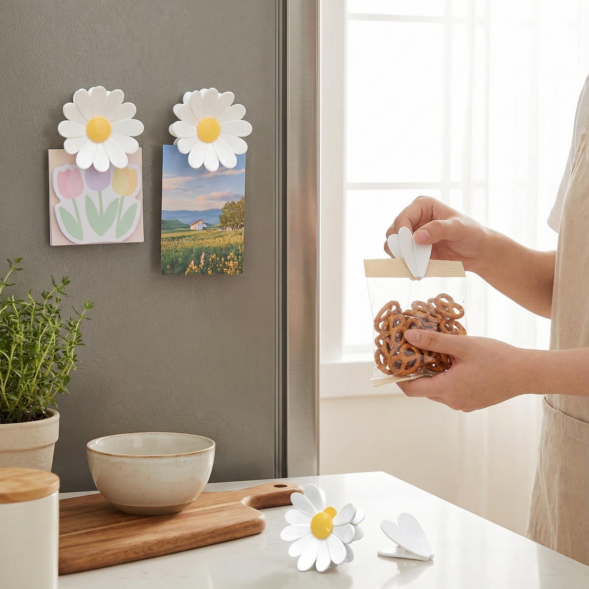 Fridge Magnetic chip clips （6 Bag Clips+1 Magnetic Base）Cute Food Sealing Clips - Cherry Blossom Bag Clips for Snack, Bread & Pet Food Storage, Fridge Organizer & Kitchen Decor Gift