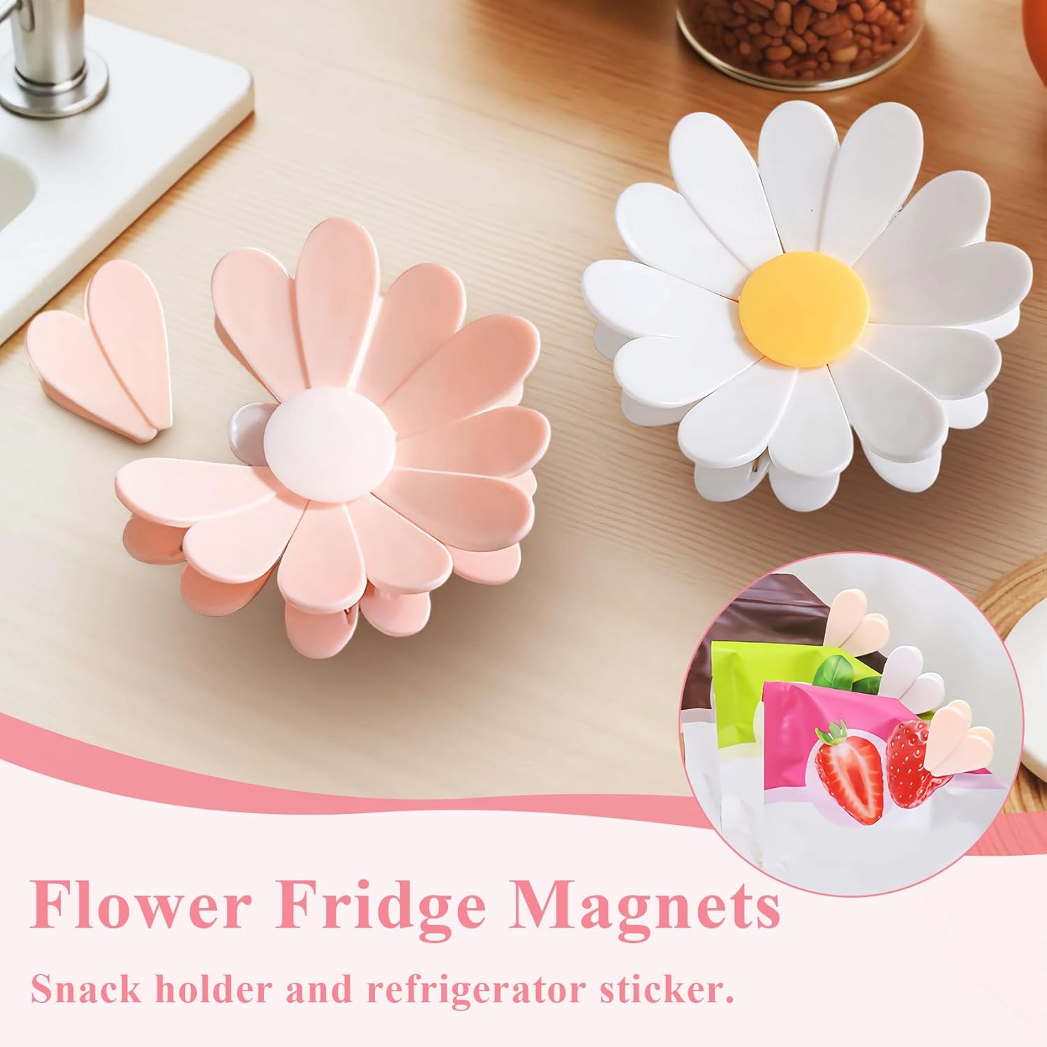 Fridge Magnetic chip clips （6 Bag Clips+1 Magnetic Base）Cute Food Sealing Clips - Cherry Blossom Bag Clips for Snack, Bread & Pet Food Storage, Fridge Organizer & Kitchen Decor Gift