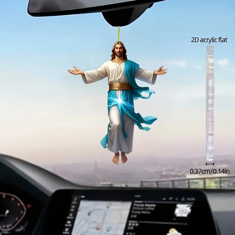 🙏✨ 2D Ретро Висяща Декорация с Кола на Исус 🚗 Подарък за Вяра и Мир 🌿