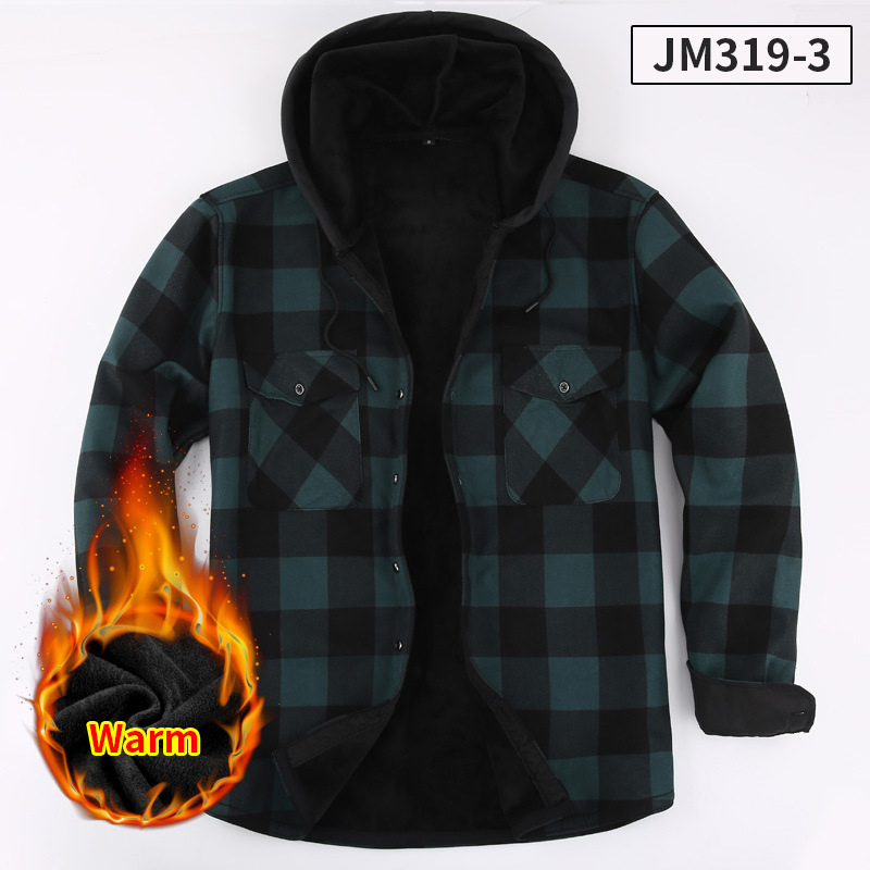 Men's Checkered Flannel Shirt Jacket - Hooded Long Sleeve Button-Up Overshirt with Double Chest Pockets, Fleece-Lined Thickened Winter Coat, Relaxed Fit Outdoor Casual (EU Sizing)