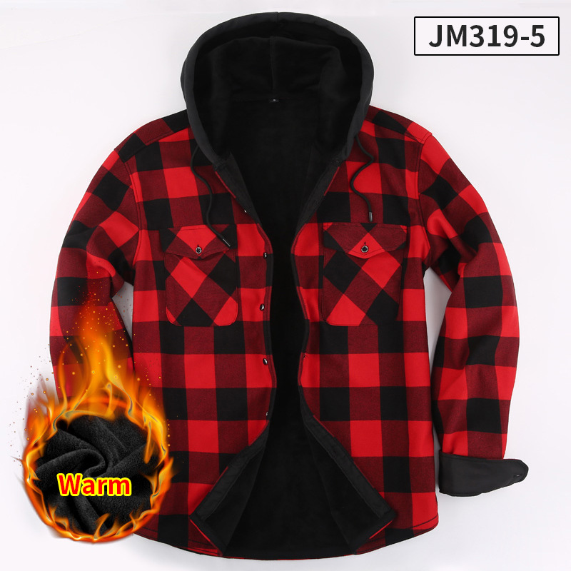 Men's Checkered Flannel Shirt Jacket - Hooded Long Sleeve Button-Up Overshirt with Double Chest Pockets, Fleece-Lined Thickened Winter Coat, Relaxed Fit Outdoor Casual (EU Sizing)