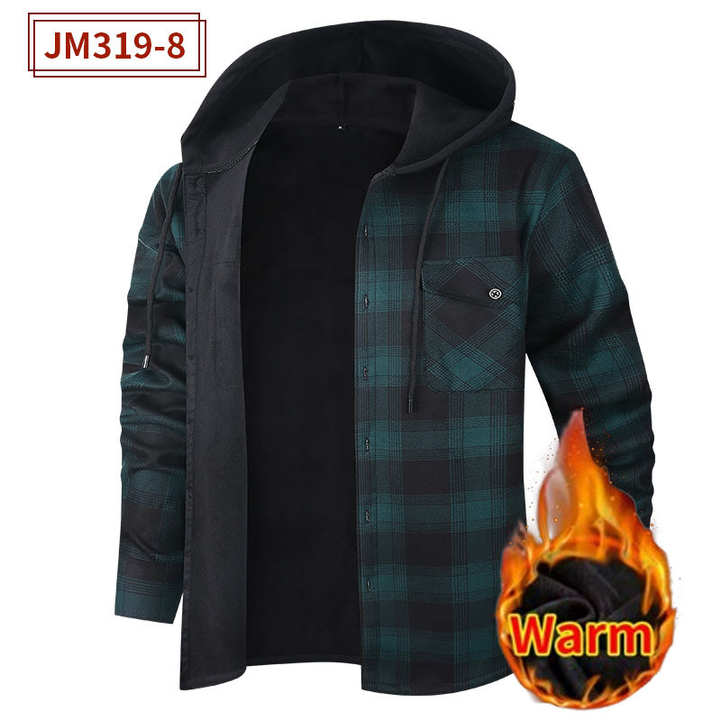 Men's Checkered Flannel Shirt Jacket - Hooded Long Sleeve Button-Up Overshirt with Double Chest Pockets, Fleece-Lined Thickened Winter Coat, Relaxed Fit Outdoor Casual (EU Sizing)