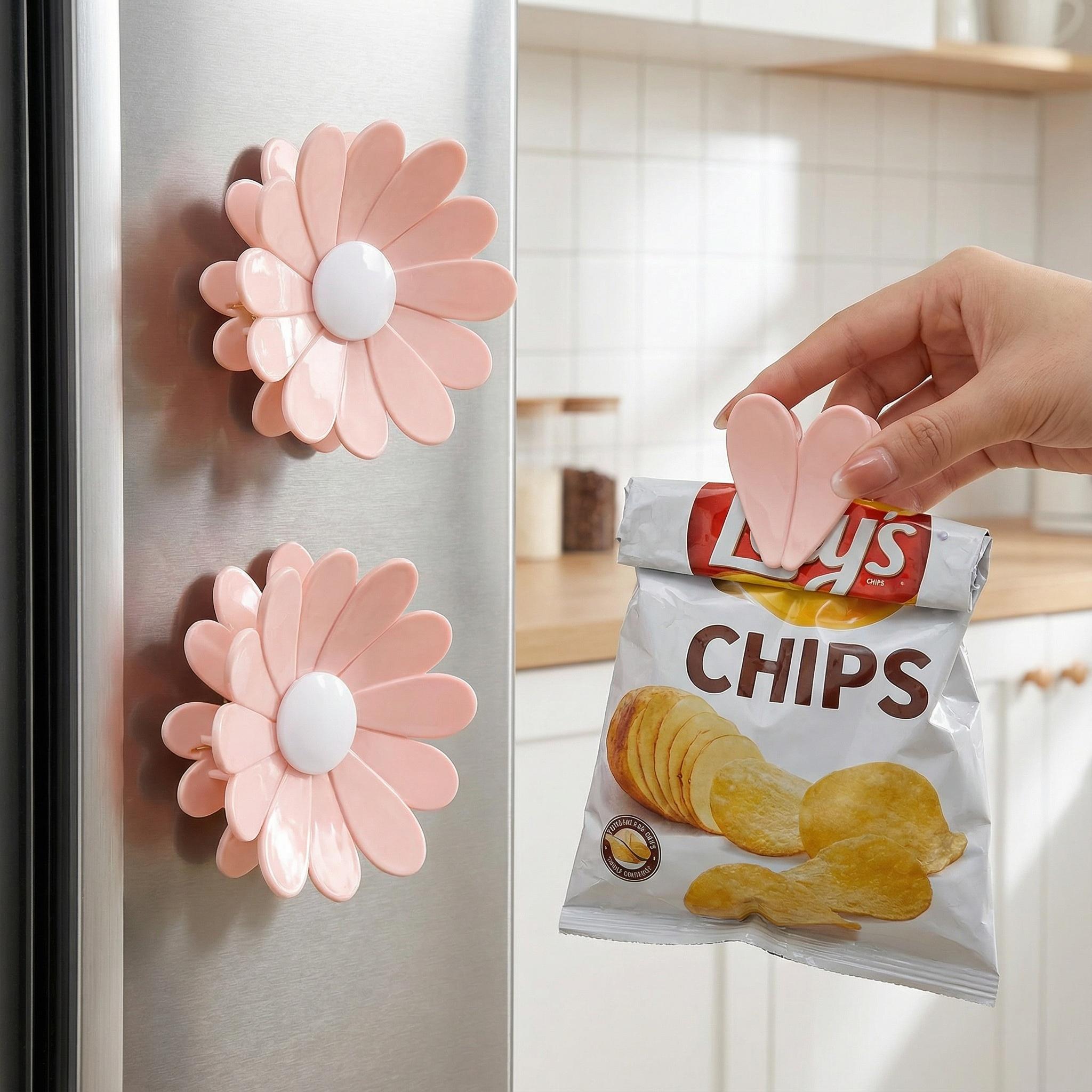 Fridge Magnetic chip clips （6 Bag Clips+1 Magnetic Base）Cute Food Sealing Clips - Cherry Blossom Bag Clips for Snack, Bread & Pet Food Storage, Fridge Organizer & Kitchen Decor Gift