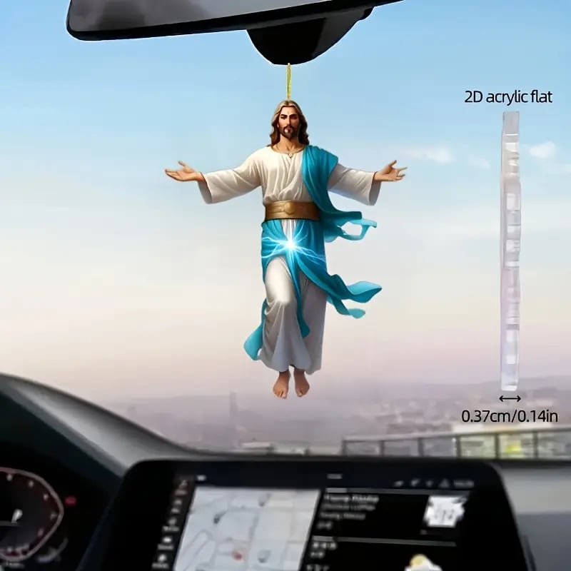 🙏✨ 2D Ретро Висяща Декорация с Кола на Исус 🚗 Подарък за Вяра и Мир 🌿