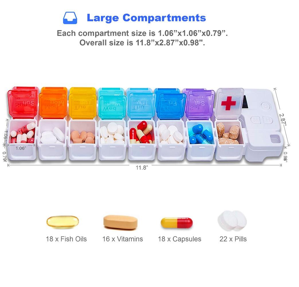 [TBSoon] Pill Box with Alarms, Loud Sound, Large Compartment,Large Screen,Moisture-Proof Design,Hold Vitamins,Fish Oil,Weekly Pill Box/Cases,Daily Medicine Dispenser, Pill Organizer with Alarms