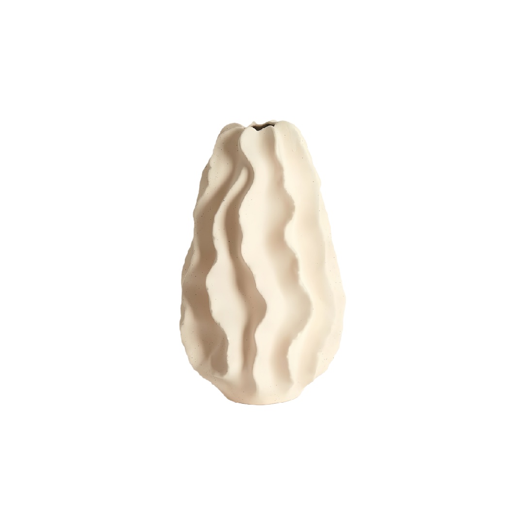 Modern Abstract Wavy Sculptural Ceramic Vase - Matte Bone White Organic Bud Vessel-eohardware.com