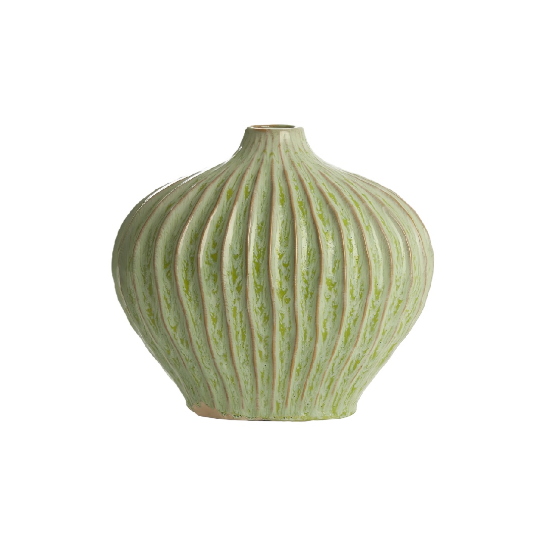 Textured Ribbed Sage Green Ceramic Bulb Vase - Hand-Glazed Decorative Floral Pot-eohardware.com
