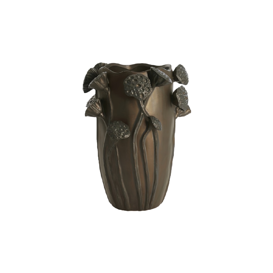 Antique Bronze Resin Decorative Vase - 3D Lotus Pod Relief Sculptural Vessel-eohardware.com