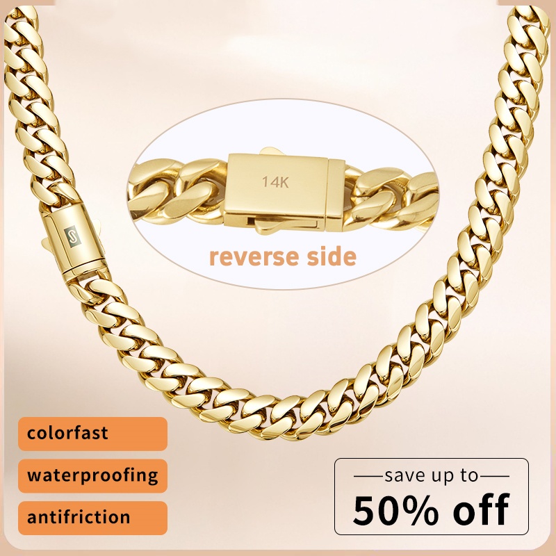 14K Gold-Plated Cuban Link Jewelry Necklace Bracelet with Black "S" Clasp
