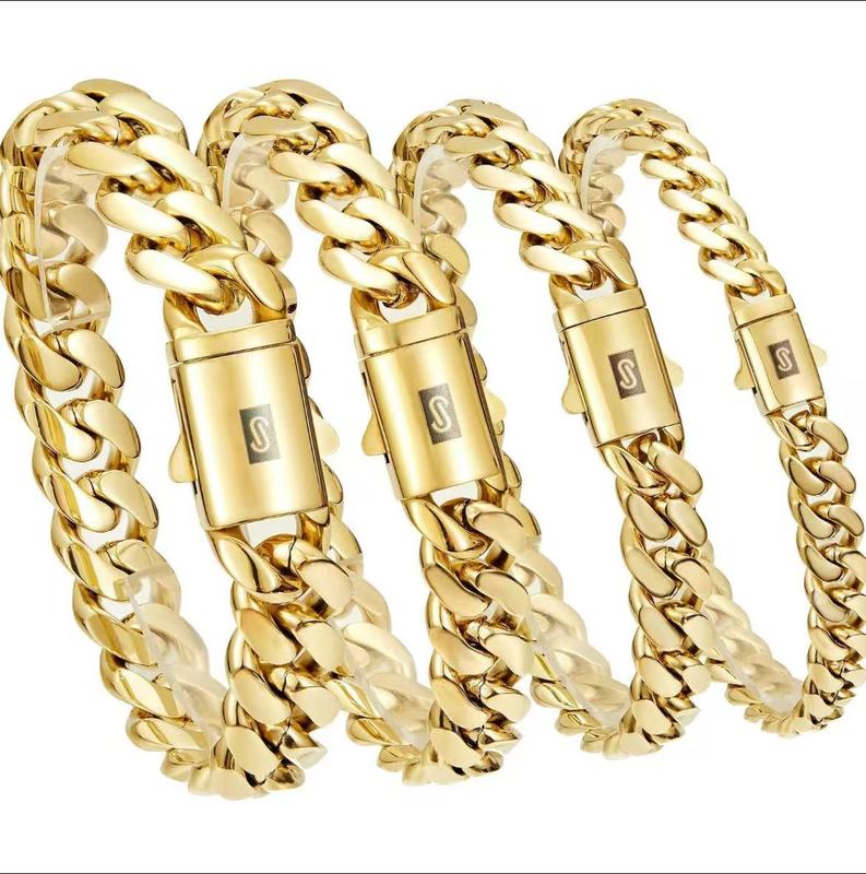 14K Gold-Plated Cuban Link Jewelry Necklace Bracelet with Black "S" Clasp