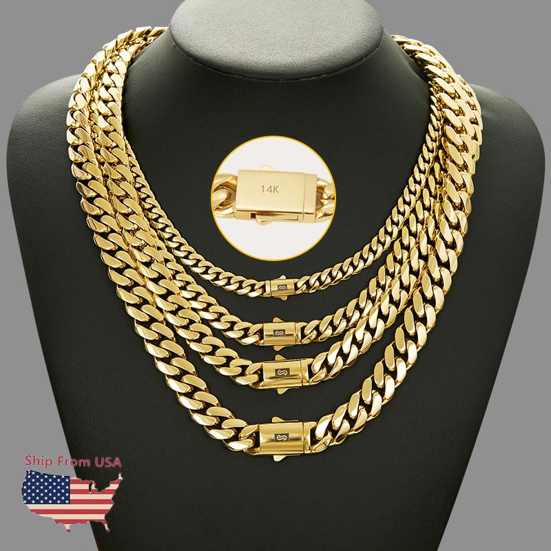 14K Gold-Plated Cuban Link Jewelry Necklace Bracelet with Black "S" Clasp
