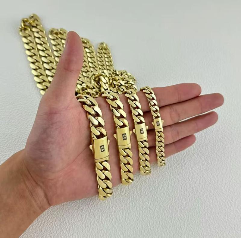 14K Gold-Plated Cuban Link Jewelry Necklace Bracelet with Black "S" Clasp