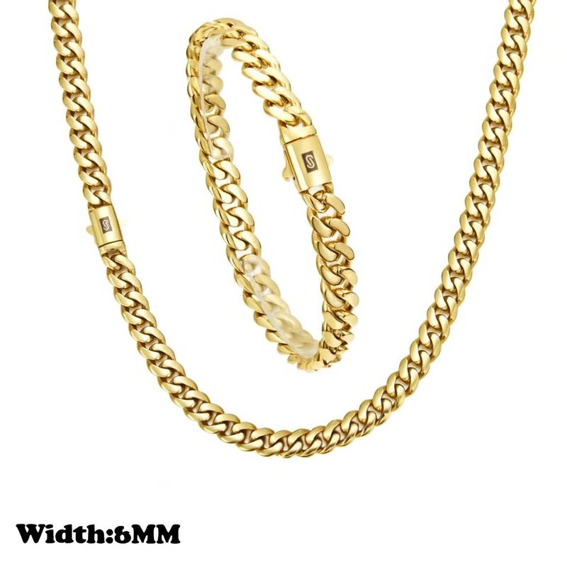 14K Gold-Plated Cuban Link Jewelry Necklace Bracelet with Black "S" Clasp