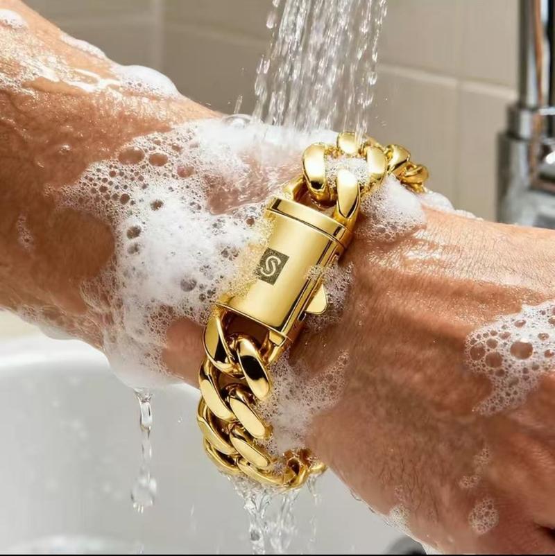 14K Gold-Plated Cuban Link Jewelry Necklace Bracelet with Black "S" Clasp