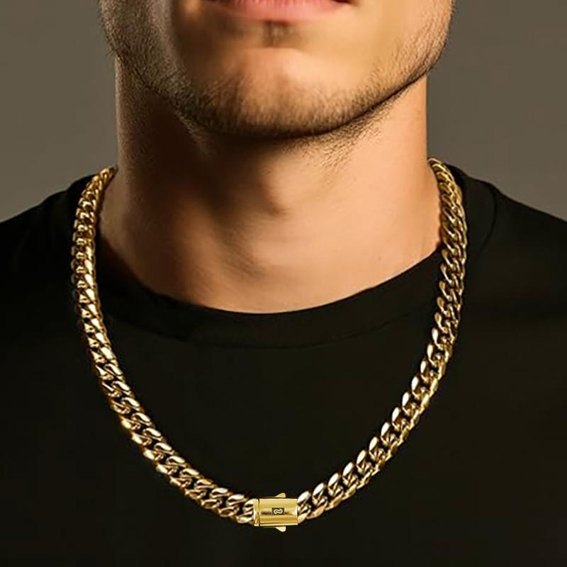 14K Gold-Plated Cuban Link Jewelry Necklace Bracelet with Black "S" Clasp