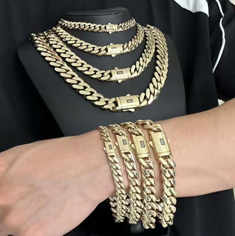 14K Gold-Plated Cuban Link Jewelry Necklace Bracelet with Black "S" Clasp