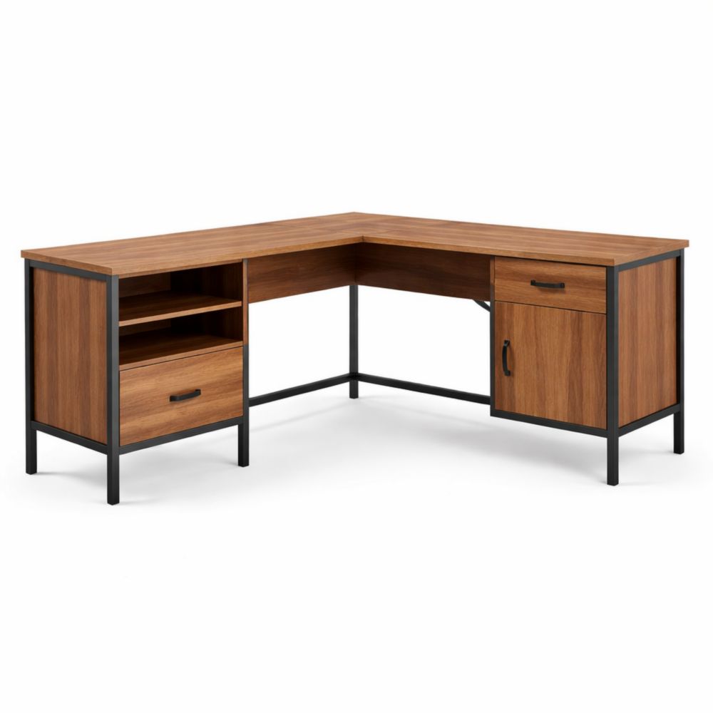 L-Shaped Office Desk MDF and Steel with Shelves and Drawers 63in x 47in x 30in Brown