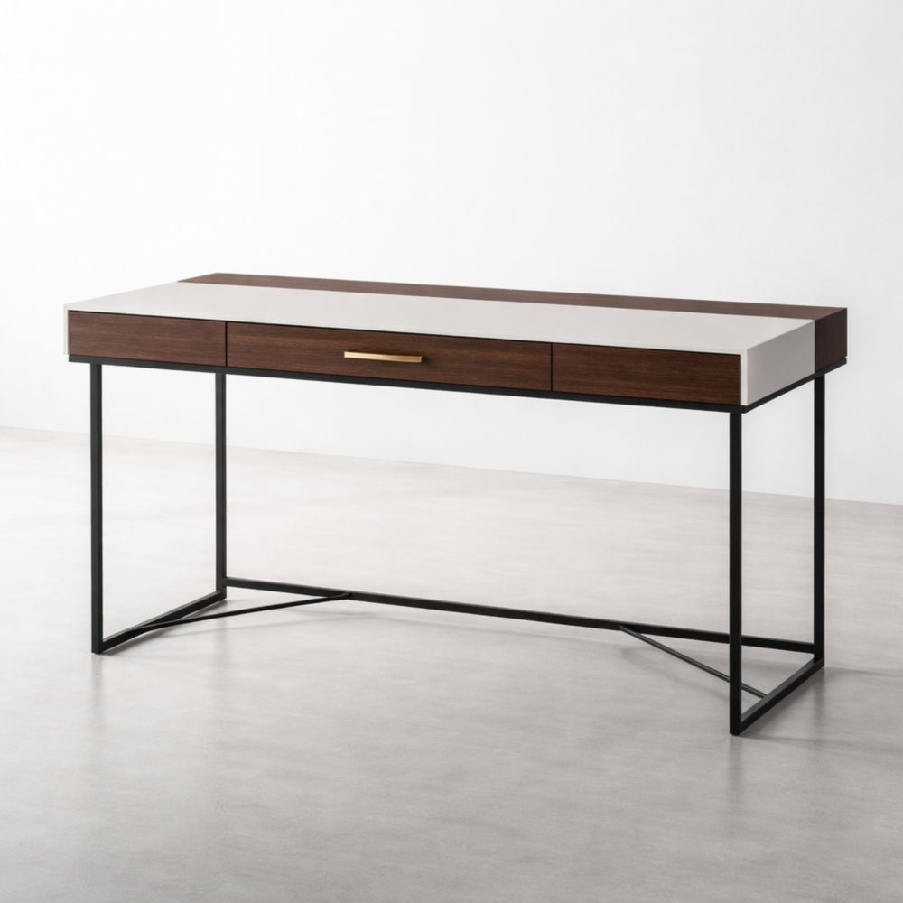 Wood and Metal Desk with Drawer 120 cm Dark Brown and Black
