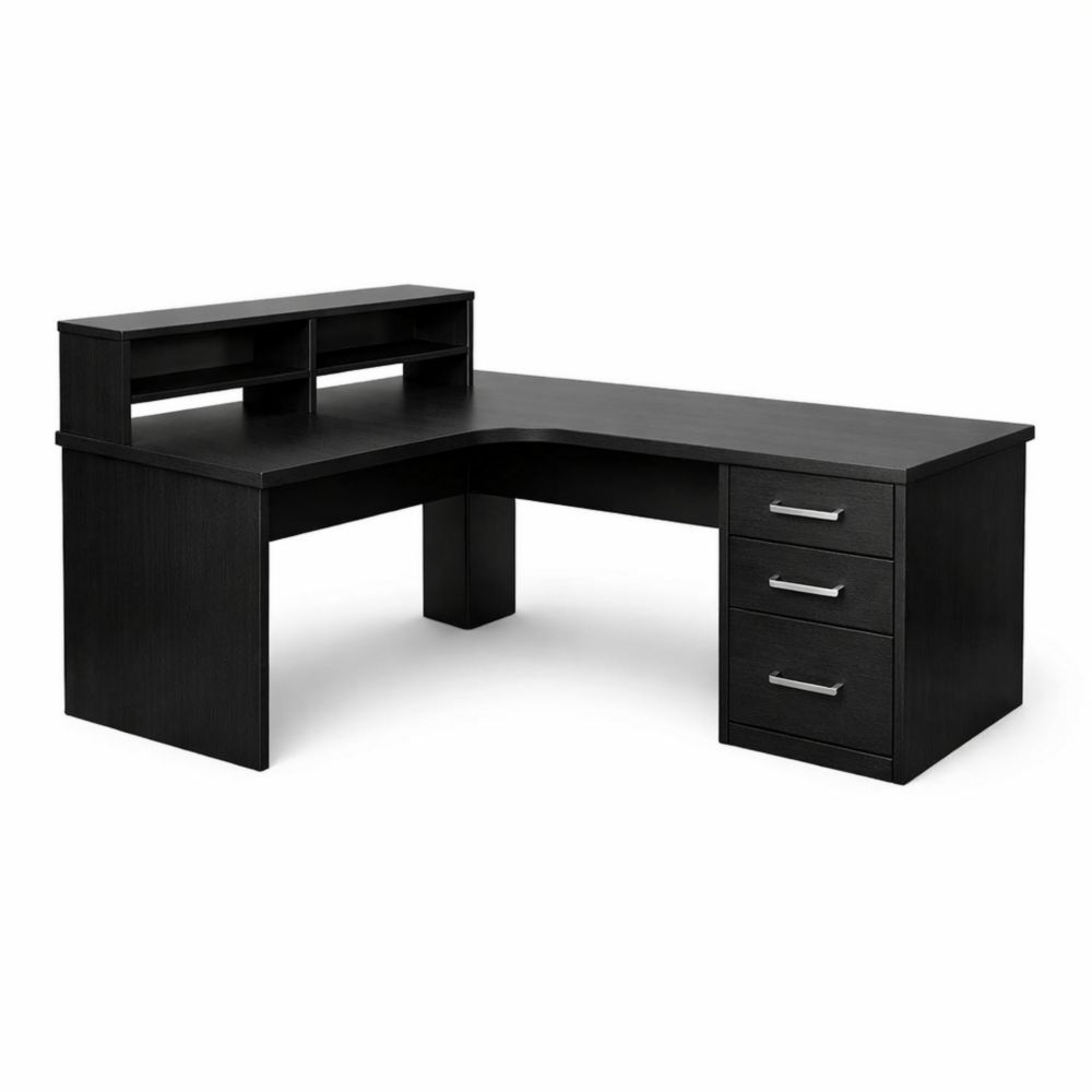 L-Shaped Corner Desk with Drawers Black Wood