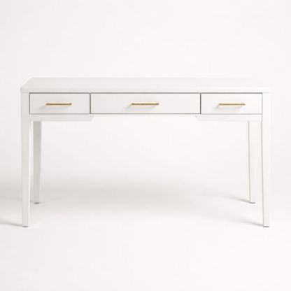 White MDF Desk with Three Drawers and Brass Handles