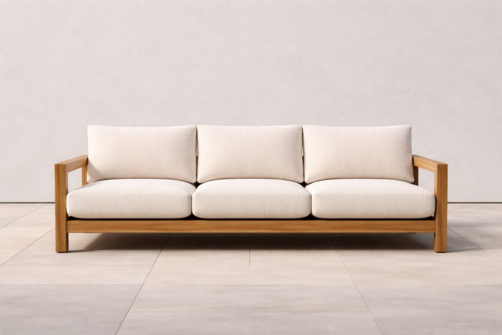 Teak Wood Three-Seater Sofa with White Cushions