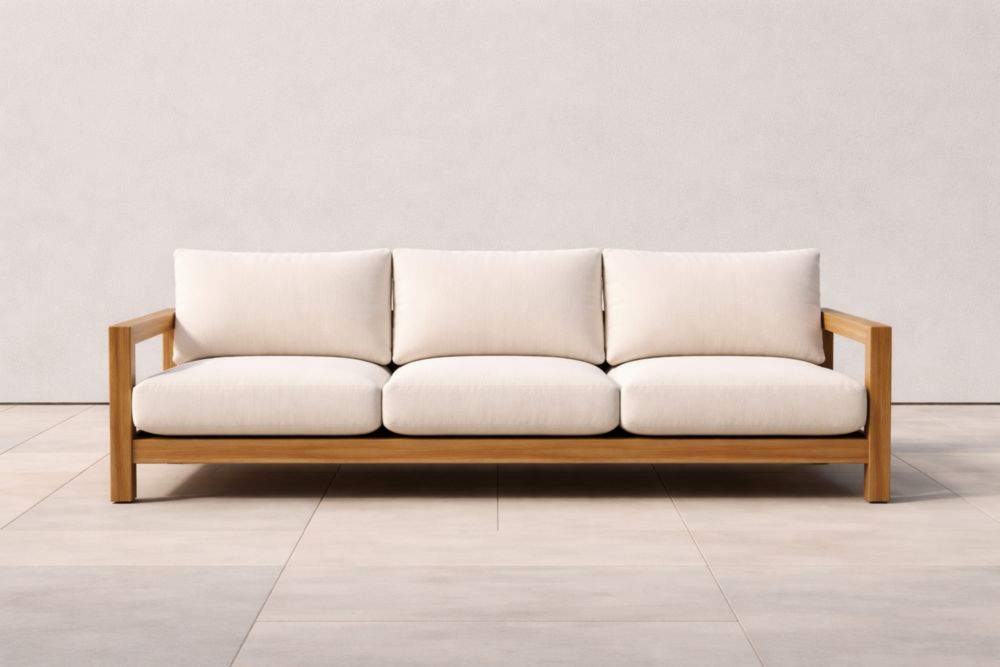 Teak Wood Three-Seater Sofa with White Cushions