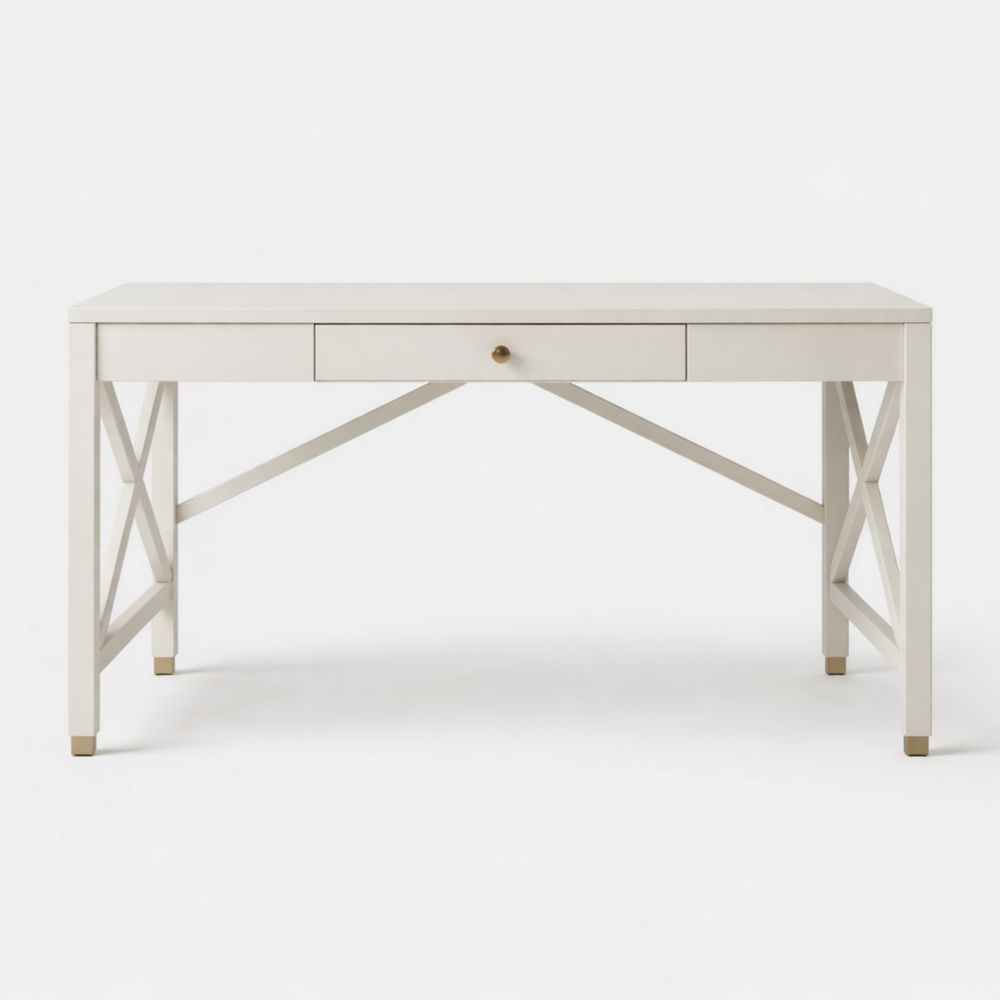 White Wood Desk with Drawer and Crossed Leg Design