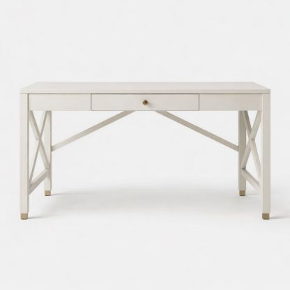 White Wood Desk with Drawer and Crossed Leg Design