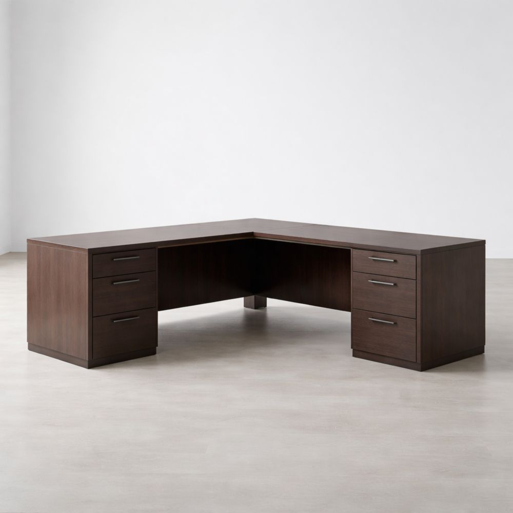L-shaped wooden office desk with drawers, dark brown