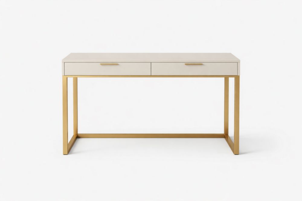 Cream Desk with Gold Metal Frame and Two Drawers