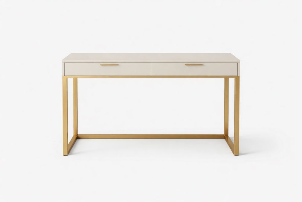 Cream Desk with Gold Metal Frame and Two Drawers