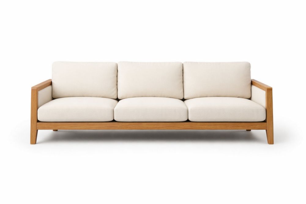 Solid Wood Frame Three-Seater Sofa with Polyester Fabric Cushions White 220cm