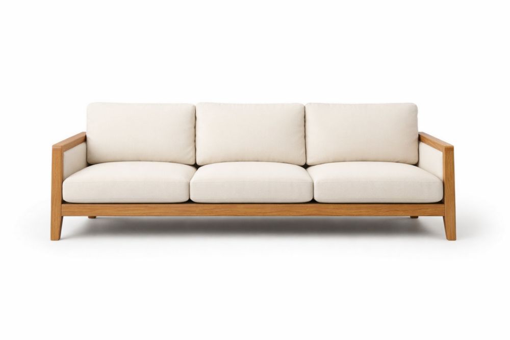 Solid Wood Frame Three-Seater Sofa with Polyester Fabric Cushions White 220cm