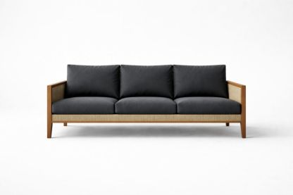 Rattan and Wood 3-Seater Sofa with Fabric Cushions
