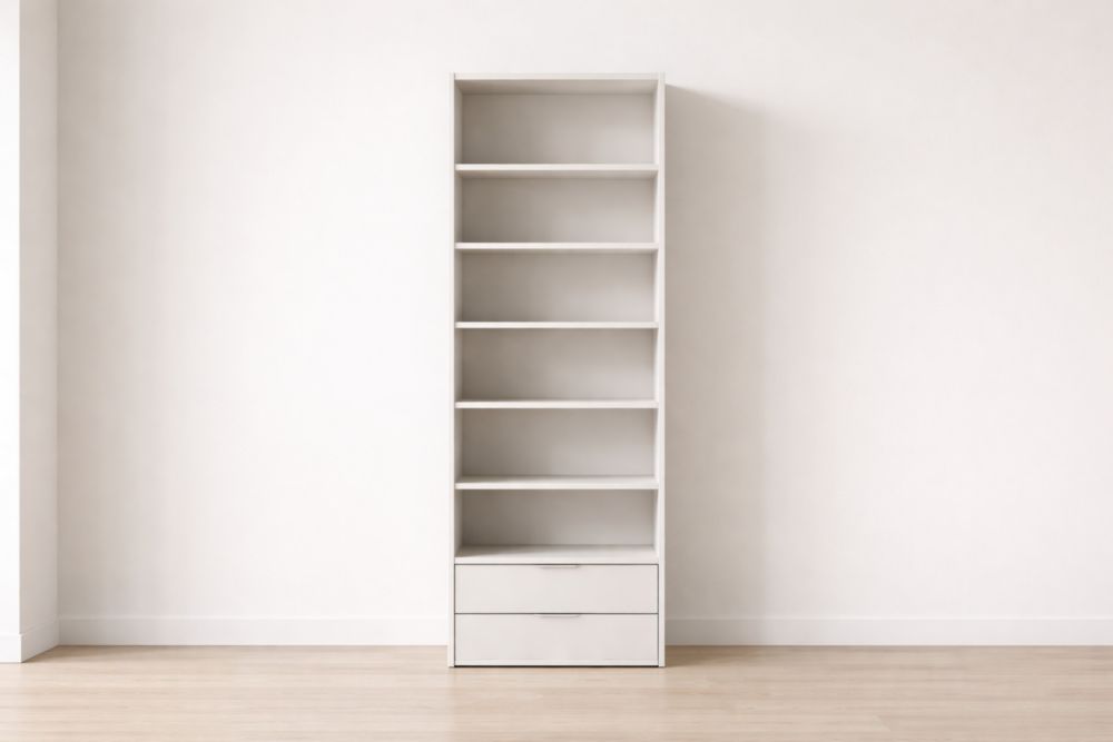 Tall White MDF Bookshelf with Two Drawers and Shelves