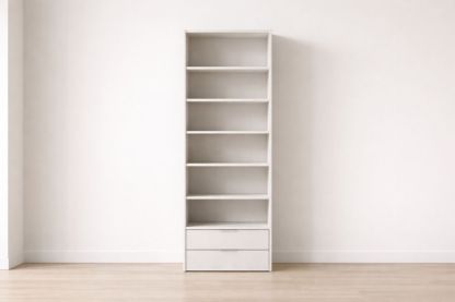 Tall White MDF Bookshelf with Two Drawers and Shelves