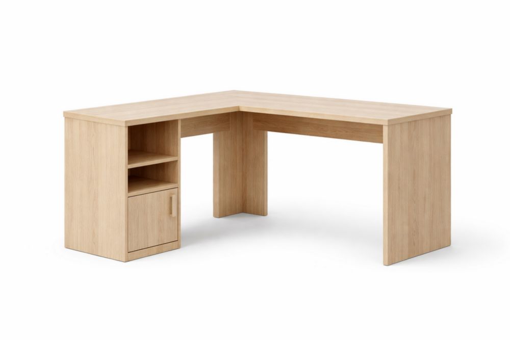 L-Shaped Desk MDF Oak Finish Shelves Cabinet 136cm x 140cm x 75cm