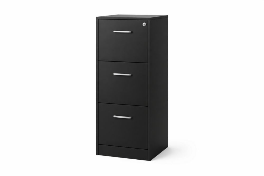 Black Three-Drawer Steel Filing Cabinet with Lock