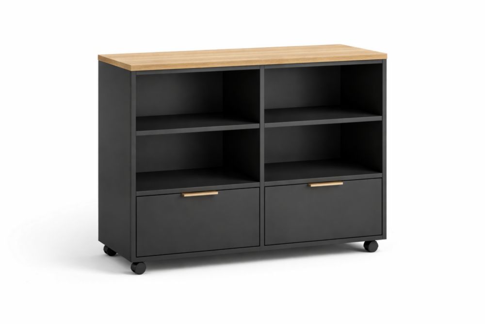 Wooden and black mobile filing cabinet with drawers and shelves