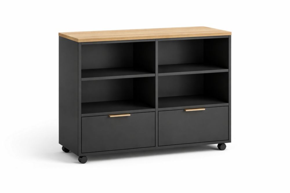 Wooden and black mobile filing cabinet with drawers and shelves