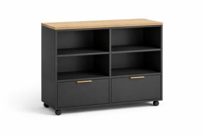 Wooden and black mobile filing cabinet with drawers and shelves