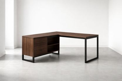 L-Shaped Office Desk with Walnut Veneer and Steel Frame