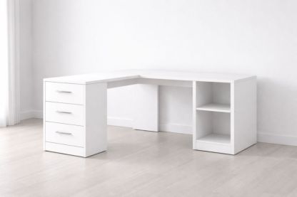 L-Shaped Desk White Particleboard with Drawers and Shelves