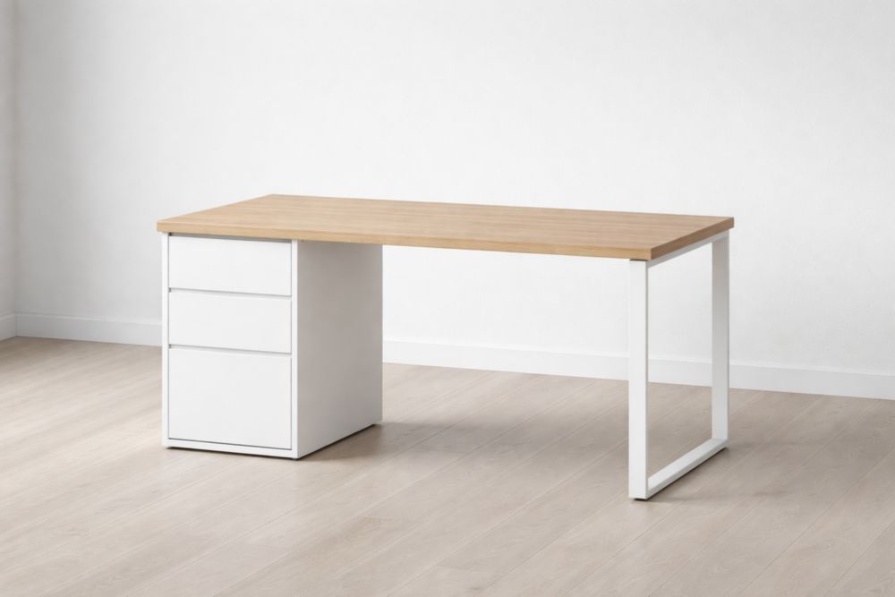 Office Desk Rectangular Light Wood White Steel Frame with 3 Drawers