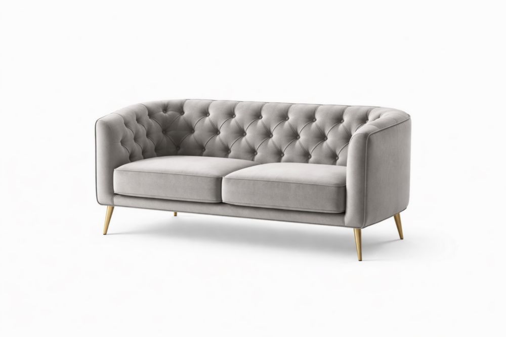 Gray Velvet Tufted Sofa with Gold Metal Legs, 180cm